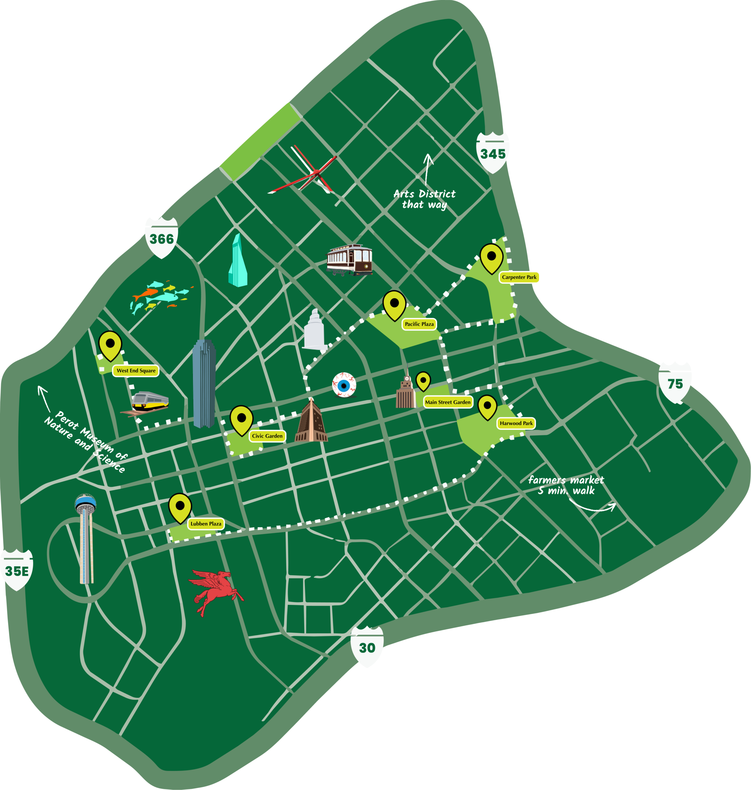 Illustrated map of Downtown Dallas showing the five Downtown Dallas Parks Conservancy parks: Carpenter Park, Pacific Plaza, West End Square, Harwood Park and Civic Garden.